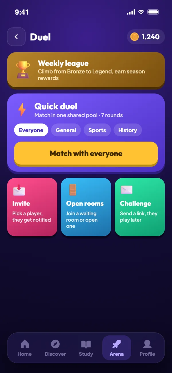 QuizBU: Duel your friends, climb the weekly league