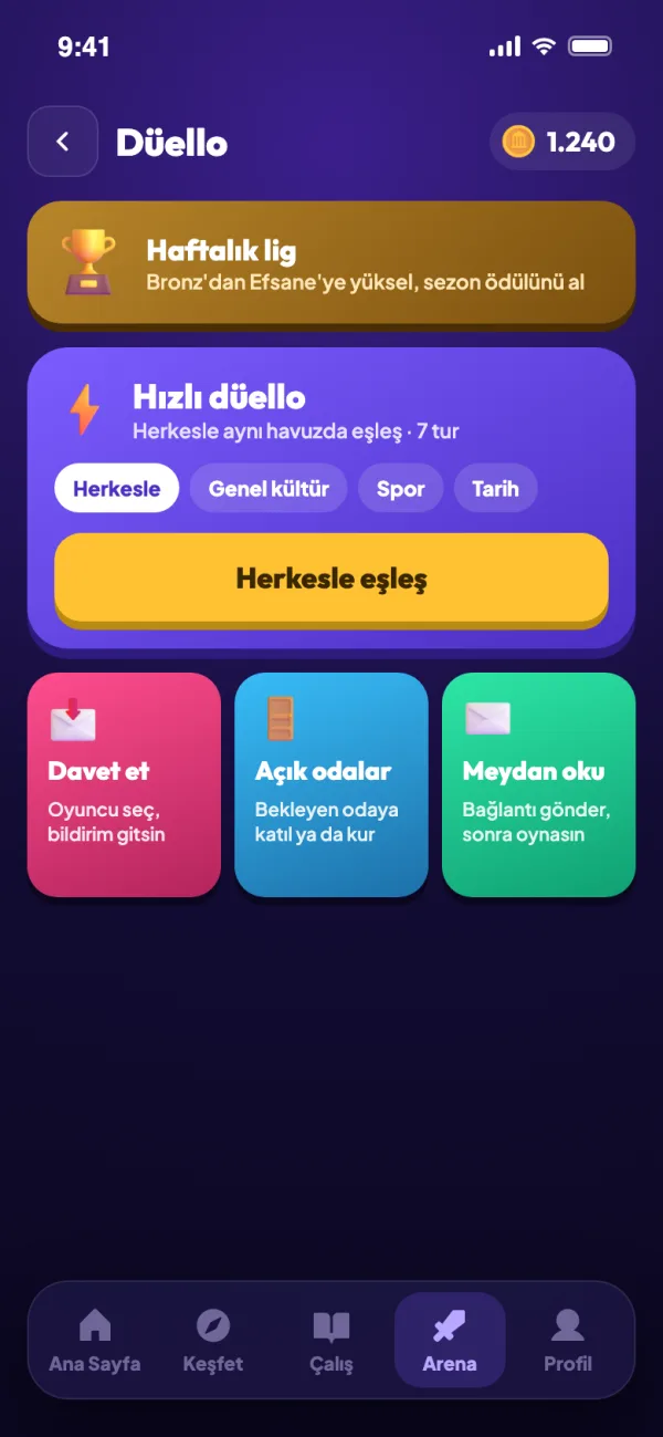 QuizBU: Arkadaşınla düello, haftalık ligde yüksel