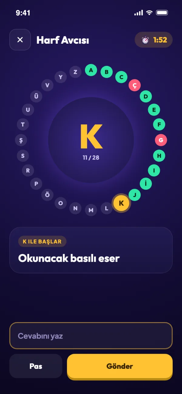 QuizBU: Her harfe bir soru, 150 saniye